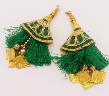 Green Tassels With Gold Beads, Beaded Tassels With Green and Gold Embroidery, Traditional Indian Latkan